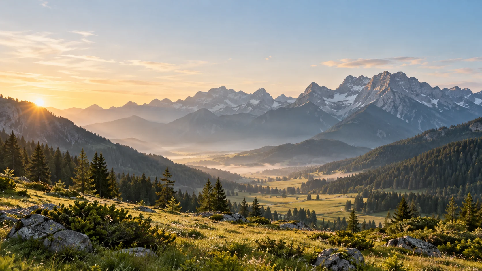 KI-generiertes Alpenmotiv im Morgenlicht
